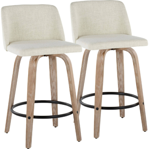 Toriano 26" Swivel Counter Stool in White Washed Wood & Cream Fabric with Black Footrest (Set of 2)